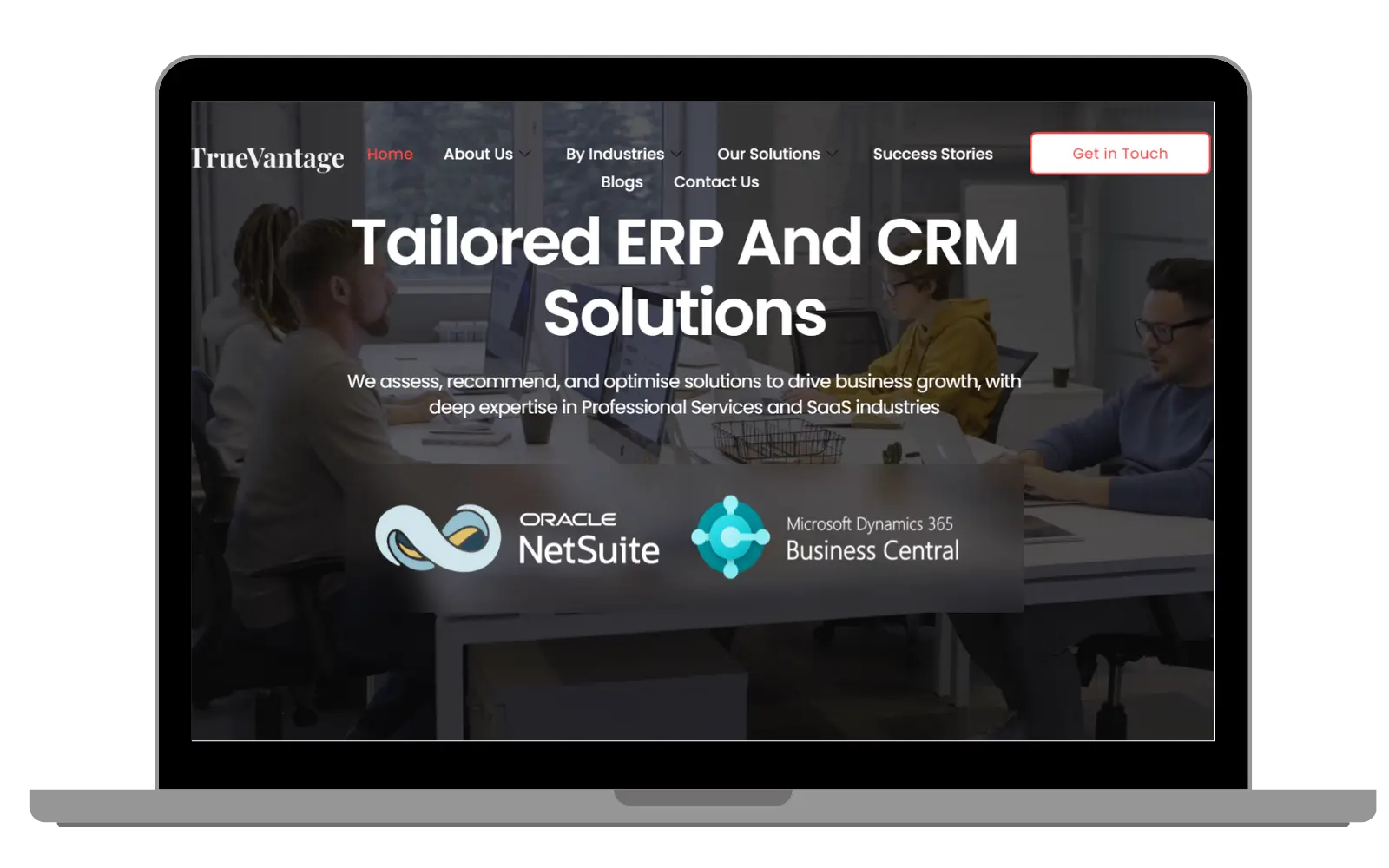 Truevant ERP & CRM solutions website on a laptop mockup.
