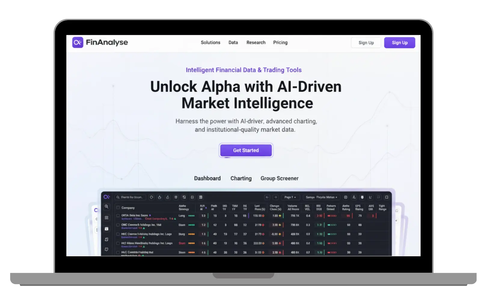 MarketAlpha.ai website on a laptop mockup.